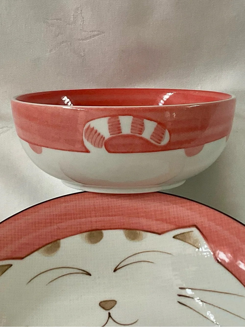 Japanese Smiling Cat Lucky Plate and Bowl Set